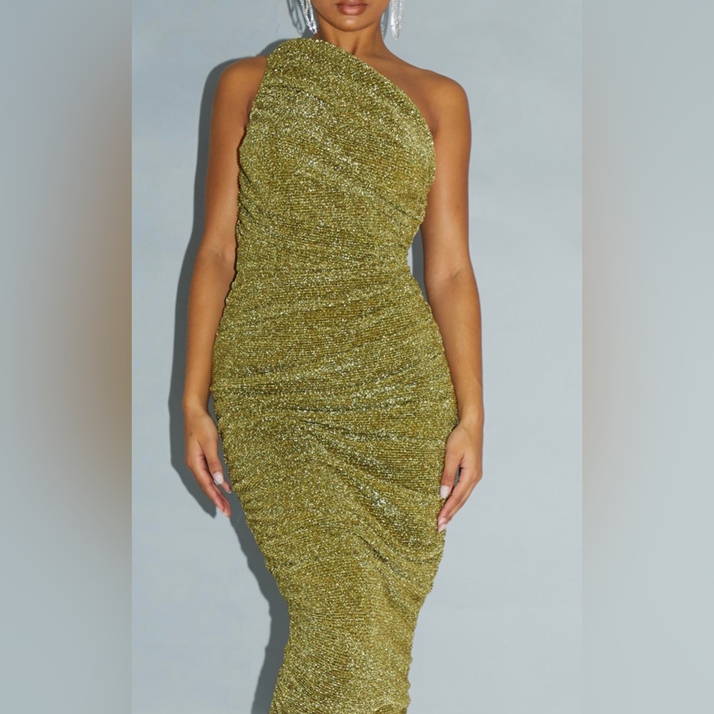 Gold Glitter Plisse Ruched One Shoulder Midi Dress PRETTYLITTLETHING Size 12